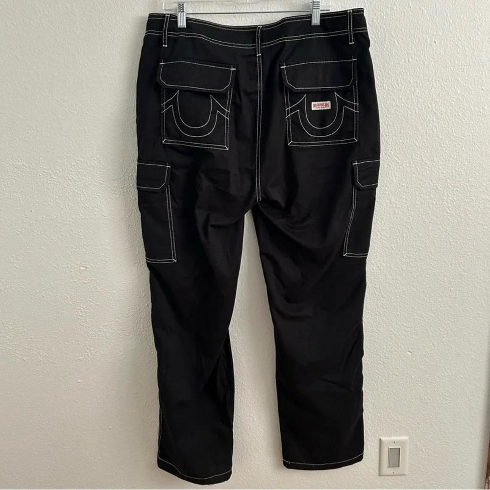 True Religion‎ Mens Baggy Big T Denim Cargo Pant 36 Black Contrast Stitch Casual